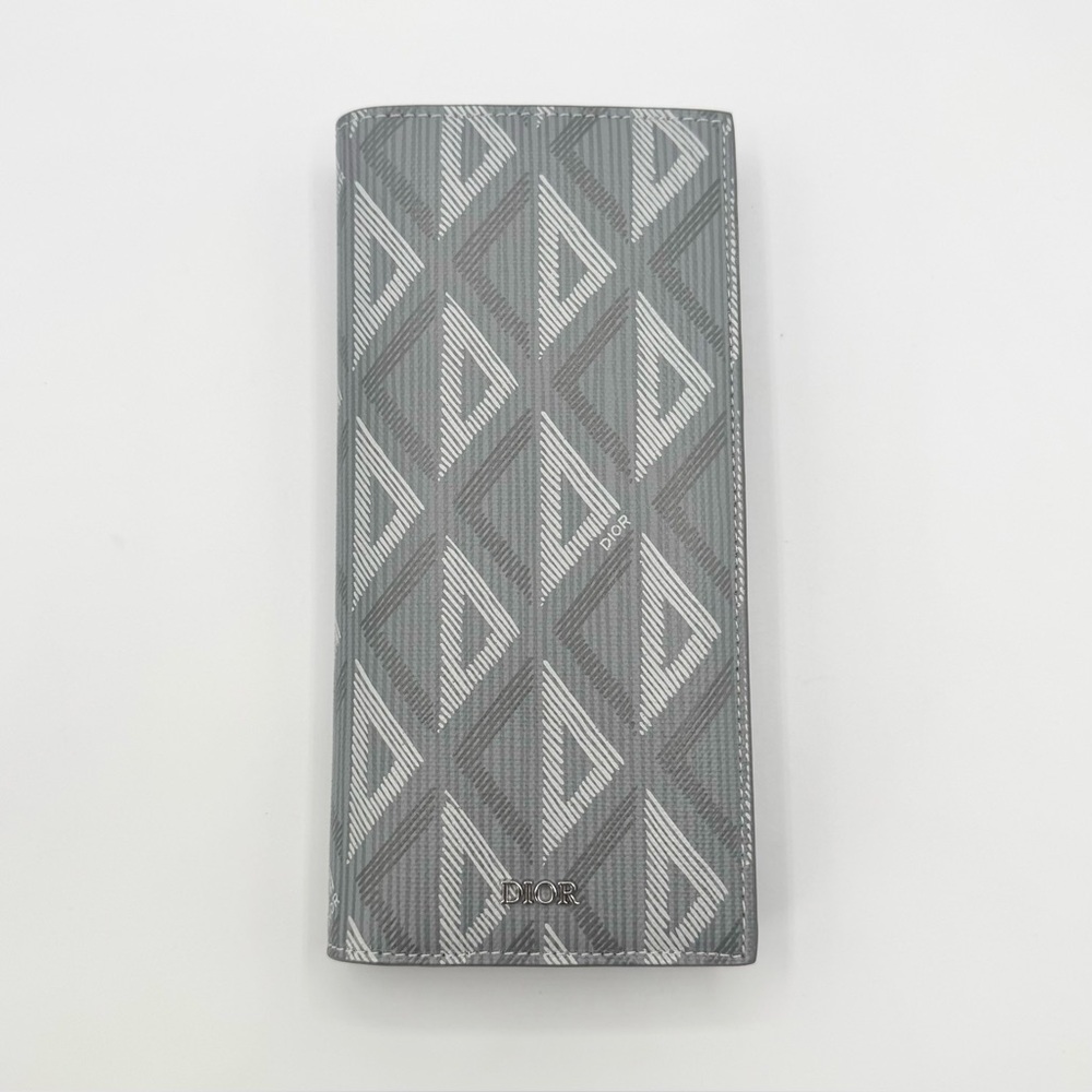 NEW Christian Dior Grey Vertical Long Bifold Wallet CD Diamond Canvas Calfskin